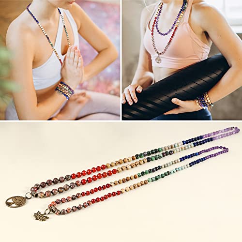 Bivei 7 Chakra 108 Mala Beads Bracelet Real Gemstone Yoga Meditation Hand Knotted Mala Prayer Bead Necklace - size: 6mm, style: beaded, traditional, 7-chakra, tree of life