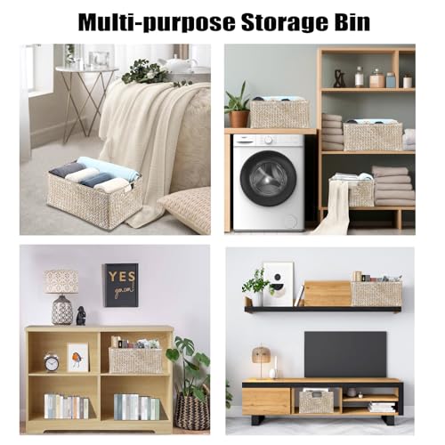 Hipiwe Seagrass Storage Basket Bin Rectangular Handwoven Wicker Storage Box with Handle Opened Baskets Box for Shelf Organizing Closet Bathroom, 15.7" L x 11.8" W x 7.5" H