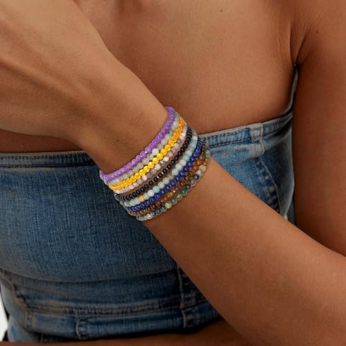 BOMAIL 9Pcs Healing Crystal Bracelets for Women Men 4mm 6mm 8mm Natural Stone Beaded Stretch Bracelet Set Handmade Gemstone Reiki Spiritual Jewelry Gifts - color: A:4mm