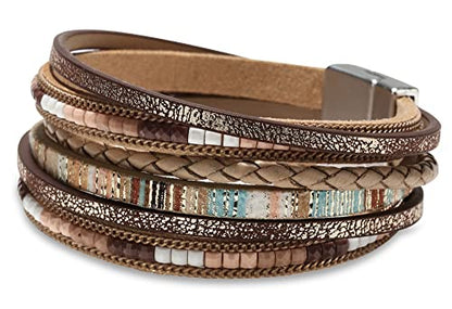 Fesciory Leather Wrap Bracelets for Women, Boho Leopard Multi-Layer Crystal Beads Cuff Bracelet Jewelry - color: Boho Braid(Brown)