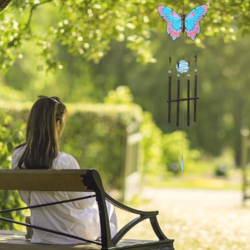 Butterfly Wind Chimes for Outside, Stained Glass Wind Chime Windchimes for Patio, Outdoor,Garden,Yard,Coastal,Window,Home Decor or Gifts for Women(Blue & Red)