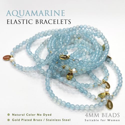 Morchic 4mm Natural Gemstone Beads Stretch Bracelet for Women, With Freshwater Pearls, Energy Gem Birthday Gift for Her 7.2” - color: Aquamarine