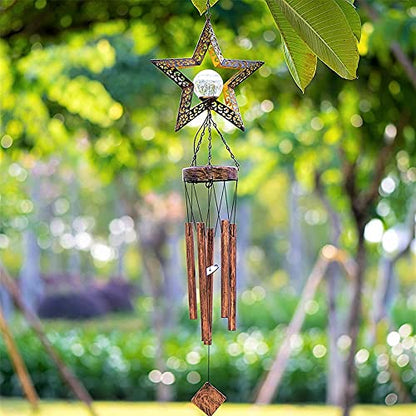 Solar Wind Chimes, Star Wind Chime Crackle Glass Ball Warm LED Light, Outside Hanging Outdoor Decor with Metal Tubes Unique Memorial Sympathy Gift for Wife Mom Grandma