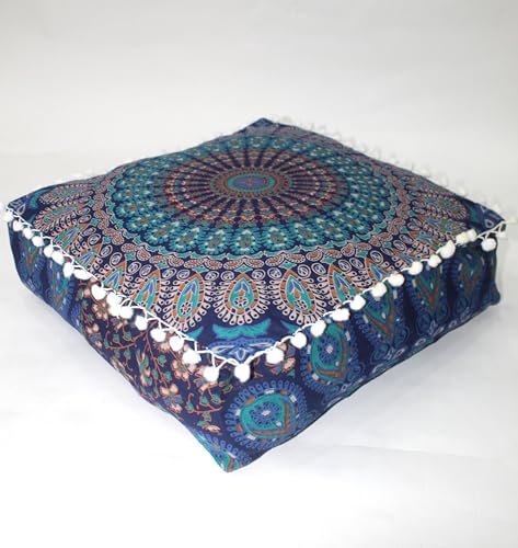 CRAFT KALA Blue Peacock Large Hippie Mandala Meditation Floor Ottoman Pillow Cushion Pouf Cover Square Poufs Bohemian Circle Floor Cushion Case Outdoor Fireplace Living Room Decor Cover 18" Square - color: Blue, size: 18"D x 18"W x 5"H