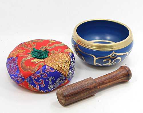 DharmaObjects Tibetan Relaxing Om Singing Bowl/Cushion/Mallet (Blue) - color: Blue, size: Small