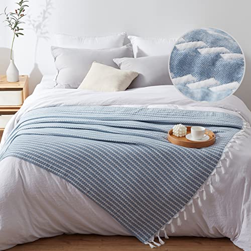 SE SOFTEXLY Muslin Blanket Throw 50x60, Jacquard Summer Cooling Blanket Cozy Organic Egyptian Cotton Bed Spread for Bed Couch Breathable Lightweight Keep Body Cool for Hot Sleepers - color: Vertical Lake Blue