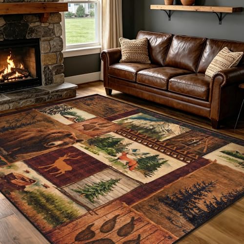 ASPMIZ Rustic Lodge Bear 5x7 Area Rugs for Living Room Washable, Brown | 350g Faux Wool with Low Pile Non-slip Rubber Backing, Vintage Western Design with Bear Deer Fox, Perfect for Cabin Bedroom - color: Brown, size: 5' X 7' (Rectangular)