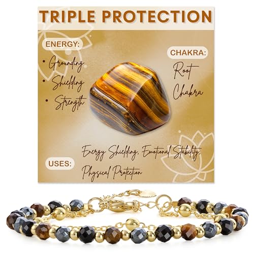 Farfume Crystal Bracelet Beaded Bracelets 4mm Natural Stone Beads Gemstone Handmade Jewelry Gift for Women - color: Triple Protection-Energy Shielding