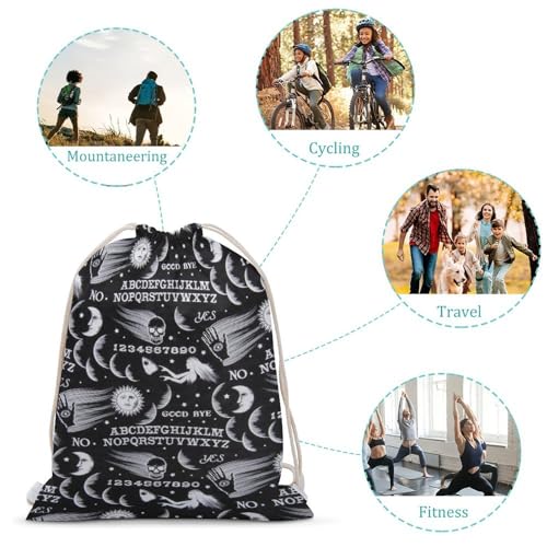 Skull Moon Sun Gothic Witch Board Seamless Black Portable Canvas Drawstring Backpack with Drawstring Pockets 35x50cm - color: Skull Moon Sun Gothic Witch Board Seamless Bl, size: 35x50cm