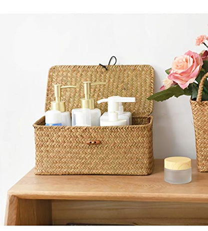 Rectangular Handwoven Seagrass Small Storage Basket with Lid for Shelves and Home Organizer Bins,S (10.2"x5.5"x4.3"H), Natural - size: S (10.2"x5.5"x4.3"H)