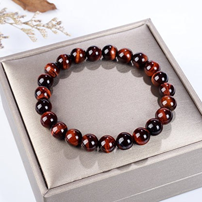 Cherry Tree Collection Gemstone Beaded Stretch Bracelet 8mm Round Beads 7" - color: Red Tiger's Eye