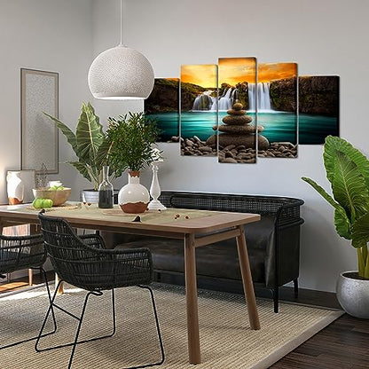 FuShvre Zen Wall Art Canvas Waterfall Pictures Teal and Orange Art for Zen Meditation Room Wall Decor Framed Large Size