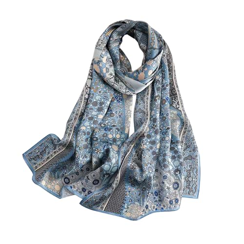 100% Mulberry Silk Long Scarf for Women Large Shawls for Headscarf and Neck- Oblong Hair Wraps with Gift Packed - color: Pale Blue Flowers