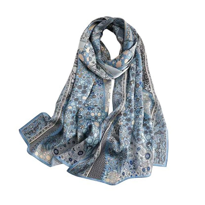 100% Mulberry Silk Long Scarf for Women Large Shawls for Headscarf and Neck- Oblong Hair Wraps with Gift Packed - color: Pale Blue Flowers