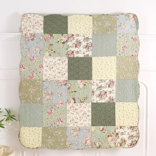 vctops 100% Cotton Quilted Throw Blanket 50x60 Inch Floral Patchwork Reversible All Season Throw (Green B,50"x60") - color: Green B
