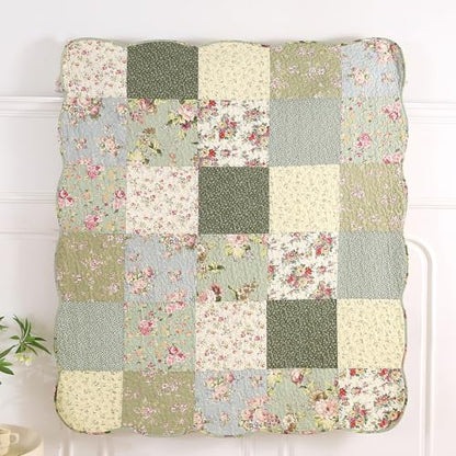 vctops 100% Cotton Quilted Throw Blanket 50x60 Inch Floral Patchwork Reversible All Season Throw (Green B,50"x60") - color: Green B