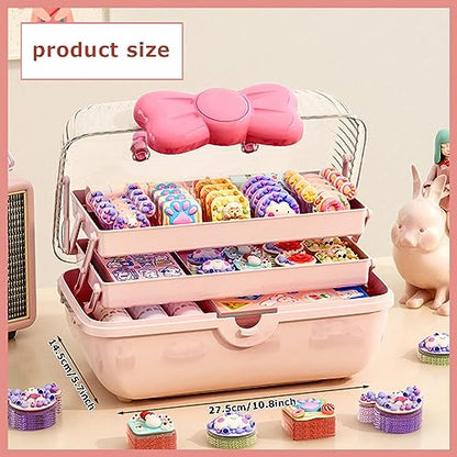Cute Girls Hair Accessories Storage Box Bow Switch Organizer Box Jewelry Box, Plastic Hair Ties Holder Hair Clips Container Storage Box for Home, School, Office(Pink)