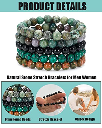 BOMAIL 5PCS Semi-Precious Gemstone Bracelet - Healing Crystal Stone Beaded Bracelets for Women Men 8mm Round Beaded Stretch Bracelets Unisex Yoga Bracelets - color: D