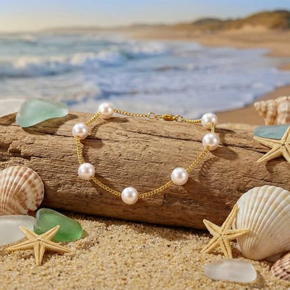 3mm Diamond Classic Tennis Bracelet for Women Dainty, Gold Jesus Cross Bracelets Trendy, 14K Gold Plated Heart/Evil Eye/Pearl/Starfish & Seashell Charm Bracelets for Women Bulk - style: Pearl-Gold plated