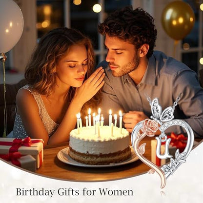 TOUPOP Gifts for Women Her 925 Sterling Silver Rose Heart Initial Necklace Butterfly Heart Jewelry Anniversary Birthday Gifts for Wife Girlfriend Mom - color: U Initial