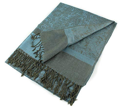 PASKMLNA Paisley Jacquard Pashmina Shawl Wrap Scarf Stole - color: Olive Light Blue