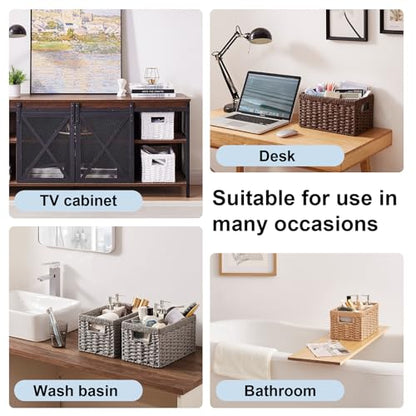OIAHOMY Wicker Baskets, Paper Rope Storage Baskets for Organizing with Built-in Handles, 2 Packs-Brown