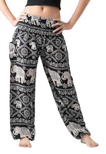 B BANGKOK PANTS Harem Pants Women Yoga Boho Clothes with Pockets - color: Black Elephant, size: 16-20 Plus Extra Long