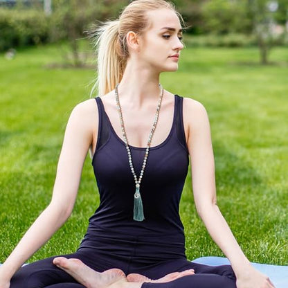 COAI OM Charm Hand Knotted Tassel 108 Mala Beads Necklace - color: Matte Amazonite, size: 6mm