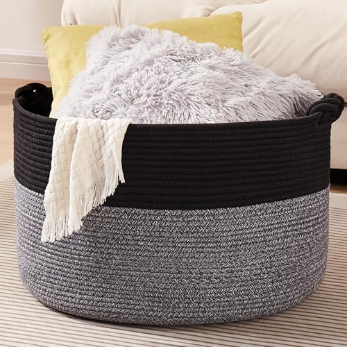 OIASKET Large Blanket Storage Basket for Living Room, 22.8" x 22.8" x 13" Woven Cotton Rope Basket with Handles, Baby Toy Storage, Laundry Hamper for Clothes, Pillows, Towels-Black and Grey - color: Black and Grey, size: 90L