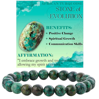 Bivei 8mm Beaded Bracelets for Women Handmade Semi Precious Natural Stone Stretch Elastic Jewelry Yoga Protection Gifts - color: African Turquoise - Evolution, size: Medium 6.8-7.3 inch