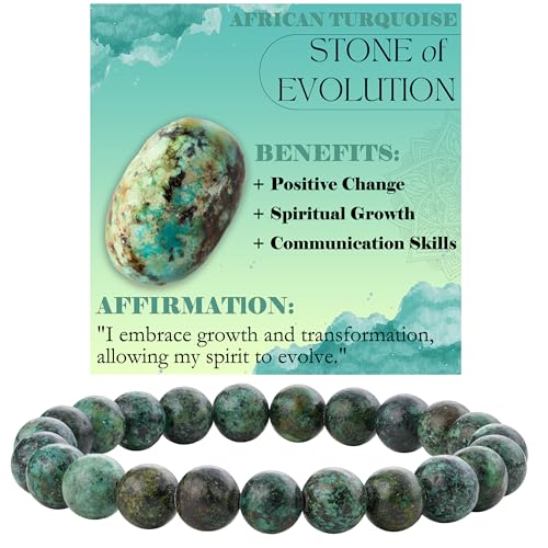 Bivei 8mm Beaded Bracelets for Women Handmade Semi Precious Natural Stone Stretch Elastic Jewelry Yoga Protection Gifts - color: African Turquoise - Evolution, size: Medium 6.8-7.3 inch
