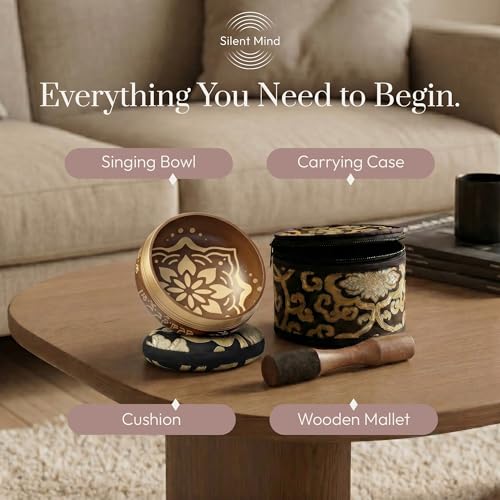 Tibetan Singing Bowl Set – Easy to Play & Beginner Friendly Meditation Bowl with Cushion, Mallet & Case | Stress Relief & Mindfulness | Gift-Ready - color: Matte Gold, size: With Case