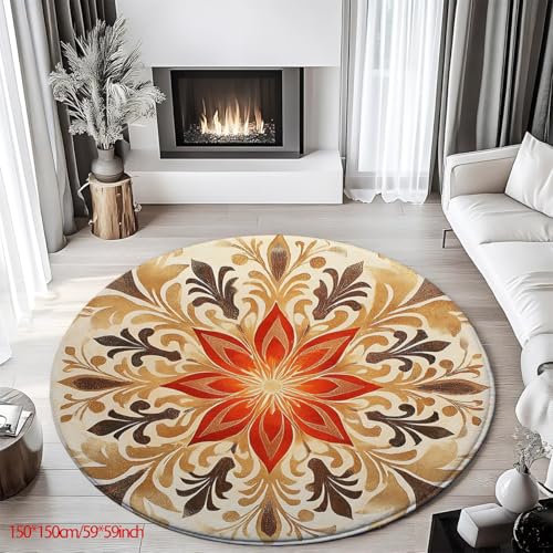 Round Area Rug, Golden Lotus Flower Design, Flannel Meditation Yoga Mat, 59x59 Inch, Soft Portable Floor Carpet for Living Room Bedroom Entryway (150 * 150cm/59 * 59inch)