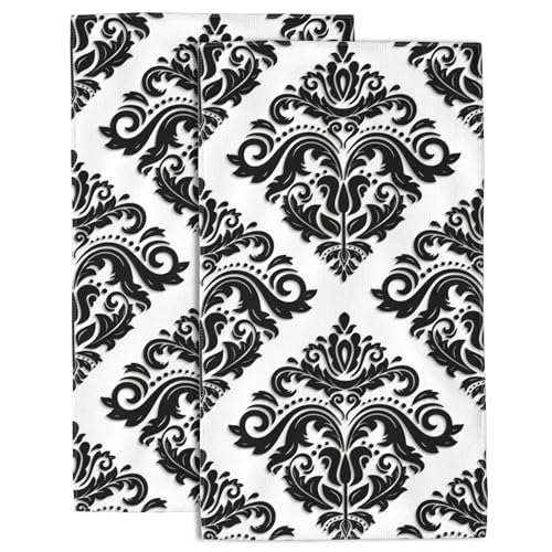 Damask Hand Towels - Floral Bath & Kitchen Towels, Soft & Absorbent, Decorative, 14 x 28 in, Set of 2 - color: Damask