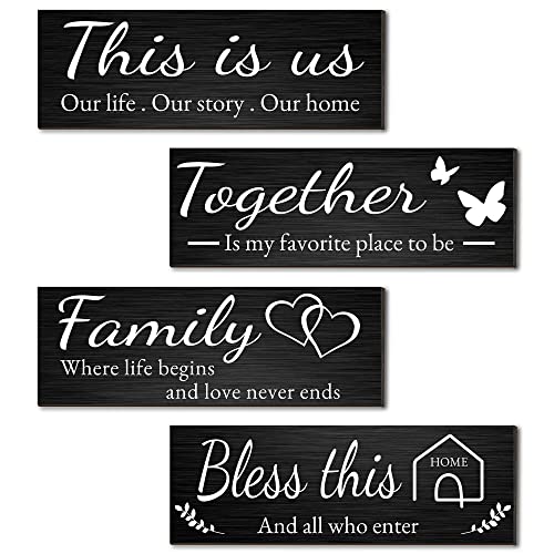 Joyhawk 4 Pieces Home Wall Decor Signs, THIS IS US/TOGETHER/BLESS THIS HOME/FAMILY Wall Decor For Living Room Bedroom, Rustic Wooden Farmhouse Wall Art Decor, 4.7 x 13.8 Inch(Black) - color: black