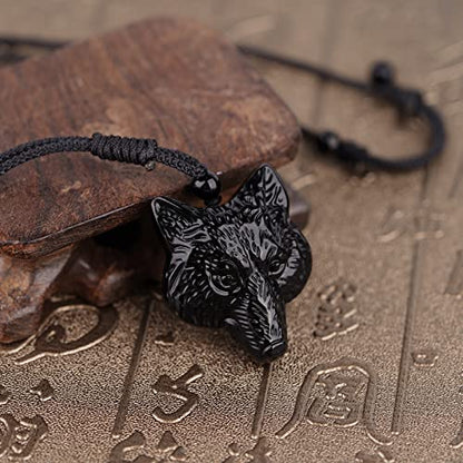Black Obsidian Necklace Natural Crystal Amulet Protection Pendant with Adjustable Rope Lucky Talisman Necklaces Jewelry Gift for Men Women - color: Wolf Head