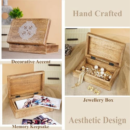 Ajuny Handmade Decorative Wooden Jewelry Box Celtic Cross Design Multipurpose Treasure Chest Storage Organizer Trinket keepsake Necklaces Watch Boxes, Great Gifts - 8x5 Inch - style: Celtic Cross White