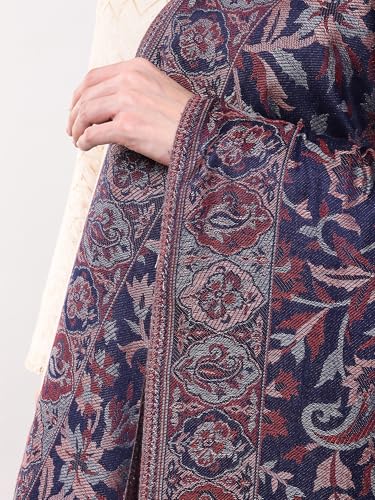 Exotic India Women Reversible Jamawar Wool Shawl with Woven Flowers | Ethnic Beautiful Floral Weave Stole, Dupatta - color: Parisian Night