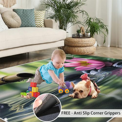 Zen Stone Rugs for Bedroom - 3x4 Area Rug, Meditation Spa Rug, Exotic Orient Washable Rugs for Living Room, Non Slip & Low Pile, Soft Indoor Carpet & Home Decor