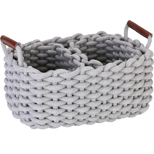 Sea Team 3-Pack Rectangle Woven Cotton Rope Storage Baskets with Handles, Shelf Basket, Closet Organizers, 3-in-1, Gray