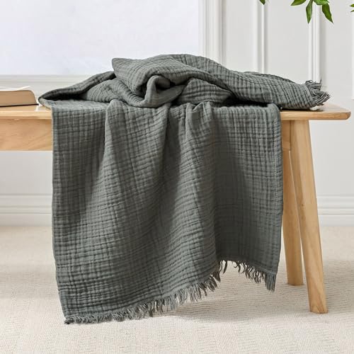 Esterra Muslin Throw Blanket 50x65 Inches Cozy Soft Lightweight Pre-Washed Cotton Blanket, All Season Breathable 4-Layer Gauze Blanket Throw for Sofa Couch Bed, Dusty Olive - color: 12 - Dusty Olive, size: Throw (50"x65")