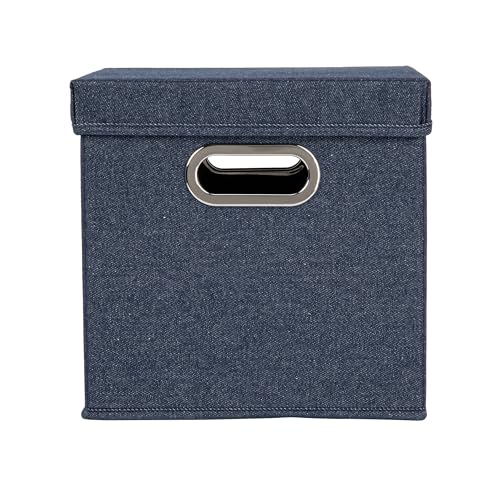 Household Essentials Collapsible Cotton Blend Cube Storage Box with Lid and Metal Grommet Handle, Set of 2, Denim - color: Denim