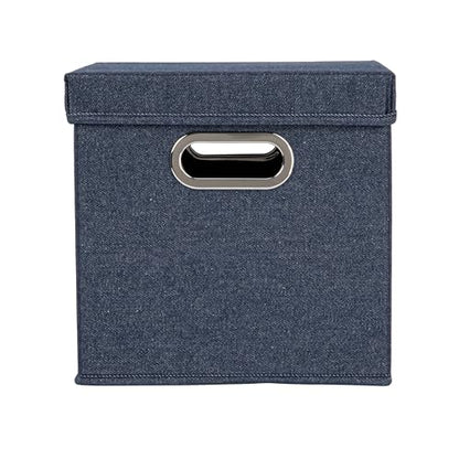 Household Essentials Collapsible Cotton Blend Cube Storage Box with Lid and Metal Grommet Handle, Set of 2, Denim - color: Denim