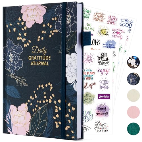 Comkiso Gratitude Journal with 4 Inspirational Stickers: Undated Daily Gratitude Journal for Women and Men - More Happiness, Affirmation, and Mindfulness in A Few Minutes with Prompts & Quotes (Peony) - color: D. Peony