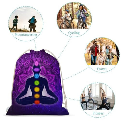 Seven Chakra Yoga Meditation Lotus Purple Mandala Portable Canvas Drawstring Backpack with Drawstring Pockets 35x50cm - color: Seven Chakra Yoga Meditation Lotus Purple Man, size: 35x50cm
