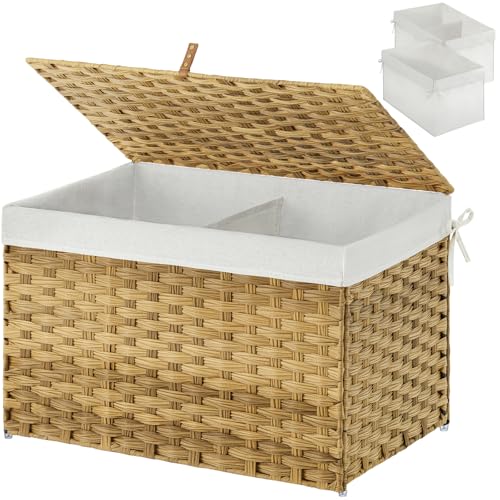 GREENSTELL Storage Basket with Lid, 27.7 Gallon(105L) Lagre Wicker Blanket Storage Basket with Handles, Foldable, 2 Removable Liner Bags, Metal Frame, for Bedroom, Laundry Room, Natural - color: Natural, size: 105L: 25.6*15.7*15.7 Inches