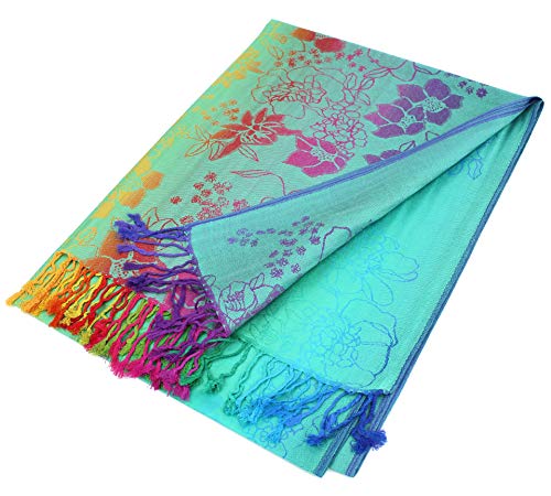 PASKMLNA Double Side Multi Colors Silky Tropical Colorful Exotic Pashmina Wrap Shawl Scarf Rave - color: 051-green Multi Feathers