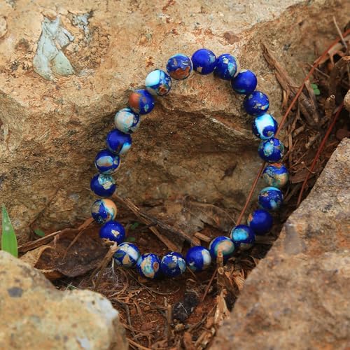 Handmade Natural Imperial Jasper Gem Semi Precious Gemstone 8mm Round Beads Stretch Bracelet 7" Unisex - color: Blue