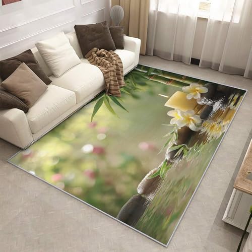 2x3 Washable Zen Spa Area Rugs for Bedroom, Green Bamboo Floral Throw Rug for Entryway, Nature Meditation Home Decor, Non Slip Low Pile Soft Thin Front Door Rug D&T46 - color: Green Beige, size: 2' x 3' (Rectangular)
