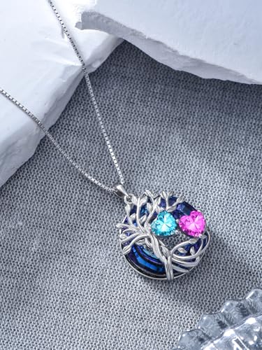 TOUPOP s925 Sterling Silver Family Celtic Tree of Life Pendant Necklaces with 2 Heart Birthstone with Blue Austrian Crystal Jewelry Birthday Valentines Day Gifts for Her, Anniversary Christmas Gifts for Wife Girlfriend Mom (18K Real White Gold Filled) - c